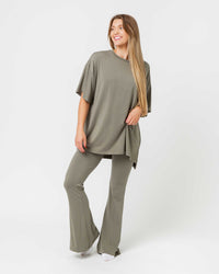 Baby Kids Bamboo Pajamas — Olive The Above Women's Oversized T-Shirt & Flare Leggings Set — Image 1