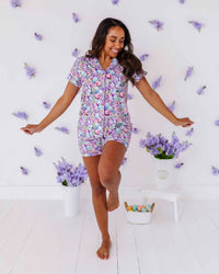 Baby Kids Bamboo Pajamas — So Eggstra Women's Collar Shirt & Shorts Set — Image 1