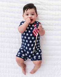 Baby Kids Bamboo Pajamas — Navy Star Shortie Romper — Image 1