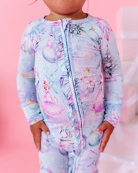 Baby Kids Bamboo Pajamas — Sugar Plum Dreams Convertible Ruffle Romper — Image 1
