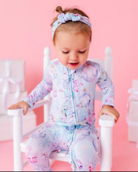 Baby Kids Bamboo Pajamas — Sugar Plum Dreams Ruffle Footie — Image 1