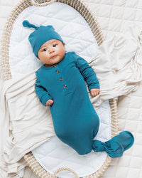 Baby Kids Bamboo Pajamas — Teal It Like It Is Knotted Gown with Buttons — Image 1