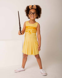 Baby Kids Bamboo Pajamas — Harry Potter™ Team Hufflepuff Girls Pleated Dress & Shorts Set — Image 1