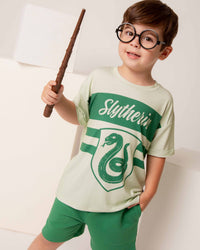 Baby Kids Bamboo Pajamas — Harry Potter™ Team Slytherin Short Sleeve T-Shirt & Shorts Set — Image 1