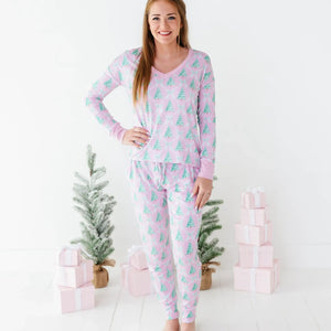 Baby Kids Bamboo Pajamas — Un-fir-gettable Women's Long Sleeve V-Neck Shirt — Image 1