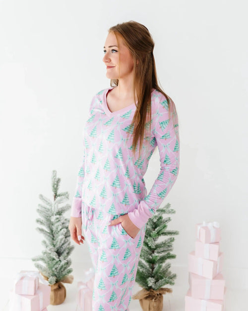 Baby Kids Bamboo Pajamas — Un-fir-gettable Women's Long Sleeve V-Neck Shirt — Image 8