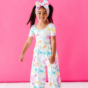 Baby Kids Bamboo Pajamas — You Bow Me Away Wide Leg Jumpsuit — Image 1