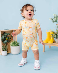 Baby Kids Bamboo Pajamas — You Quack Me Up Shortie Romper — Image 1