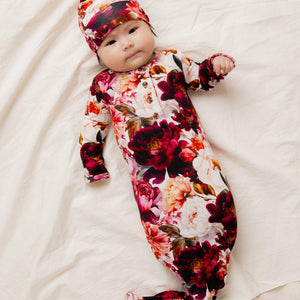 Baby Kids Bamboo Pajamas — Berry Tale Ending Knotted Gown & Beanie Set — Image 1