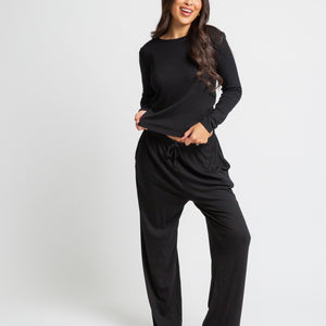 Baby Kids Bamboo Pajamas — Black Women's Ribbed Lounge Set — Image 1