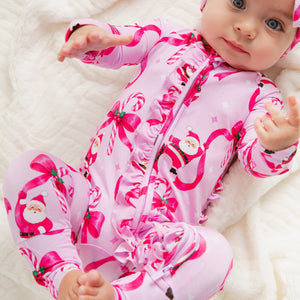 Baby Kids Bamboo Pajamas — Candy Cane Crush Convertible Ruffle Romper — Image 1