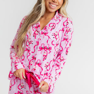 Baby Kids Bamboo Pajamas — Candy Cane Crush Women's Ruffled Long Sleeve Collar Shirt & Pants Pajama Set — Image 1