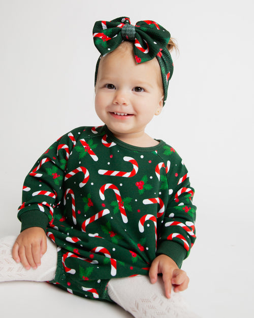 Baby Kids Bamboo Pajamas — Candy Cane Lane Biggie Bow - Dark Green — Image 3