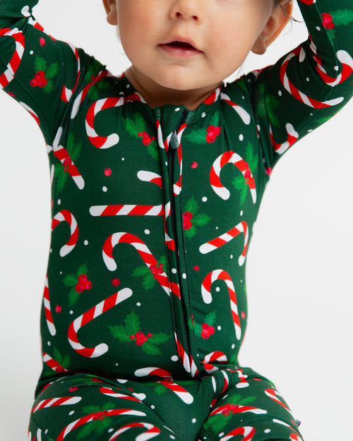 Baby Kids Bamboo Pajamas — Candy Cane Lane Convertible Romper - Dark Green — Image 1