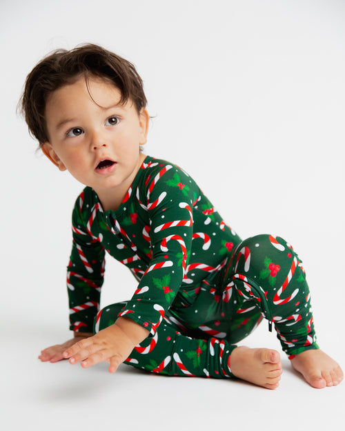 Baby Kids Bamboo Pajamas — Candy Cane Lane Convertible Romper - Dark Green — Image 5