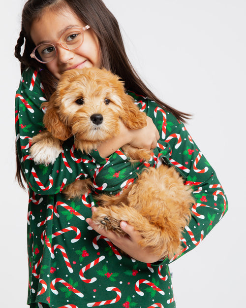 Baby Kids Bamboo Pajamas — Candy Cane Lane Dog Sweater - Dark Green — Image 2