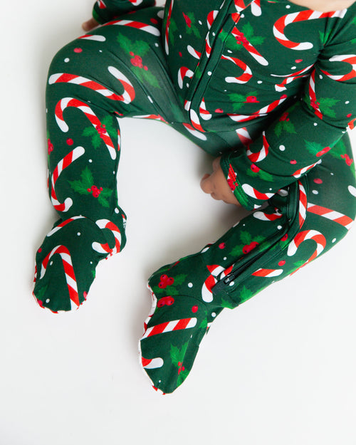 Baby Kids Bamboo Pajamas — Candy Cane Lane Footie - Dark Green — Image 6
