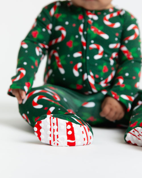 Baby Kids Bamboo Pajamas — Candy Cane Lane Footie - Dark Green — Image 7