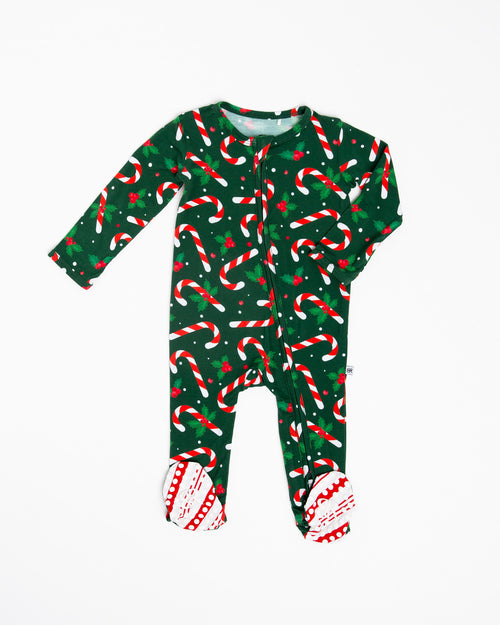 Baby Kids Bamboo Pajamas — Candy Cane Lane Footie - Dark Green — Image 2