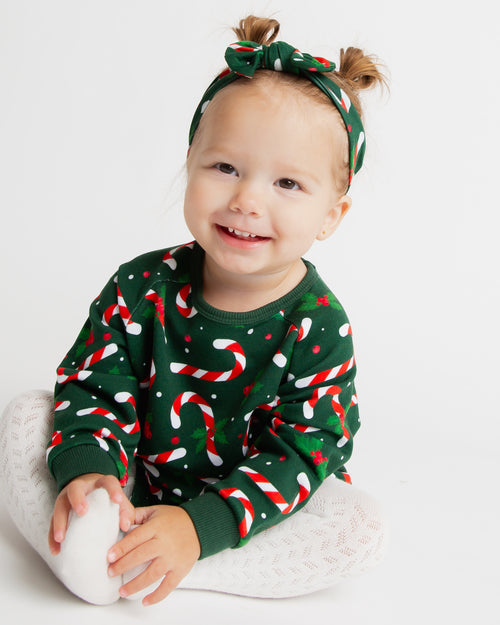 Baby Kids Bamboo Pajamas — Candy Cane Lane Headwrap - Dark Green — Image 2