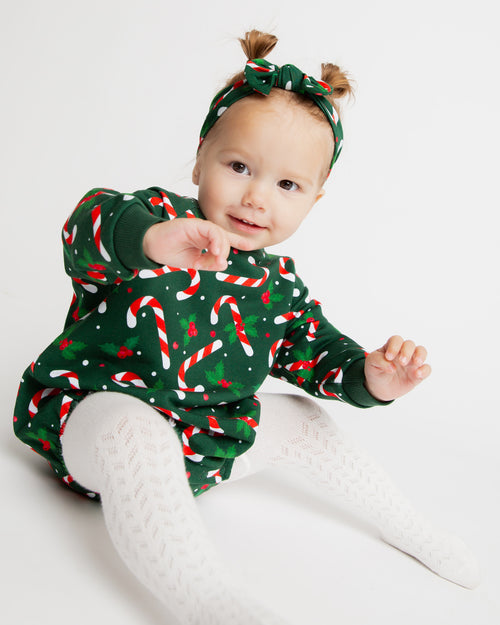 Baby Kids Bamboo Pajamas — Candy Cane Lane Headwrap - Dark Green — Image 3