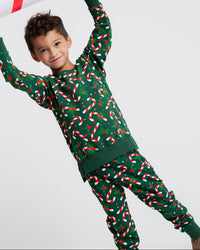 Baby Kids Bamboo Pajamas — Candy Cane Lane Jogger Set - Dark Green — Image 1