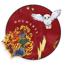 Click to view Round Hogwarts-themed product with owl and crest design on a red background