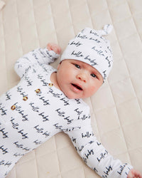 Baby Kids Bamboo Pajamas — Hello Baby Knotted Gown & Beanie Set — Image 1
