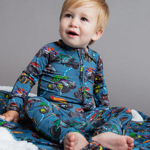 Baby Kids Bamboo Pajamas — Hot Wheels™ Monster Trucks Convertible Romper — Image 1