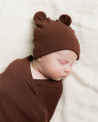 Baby Kids Bamboo Pajamas — Mocha Me Happy Baby Beanie with Ears — Image 1