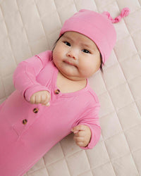 Baby Kids Bamboo Pajamas — Pink-a-Boo Knotted Gown & Beanie Set — Image 1