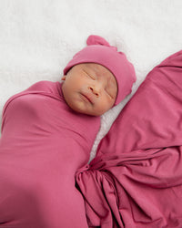 Baby Kids Bamboo Pajamas — Plum Pickin’ Swaddle & Beanie Set — Image 1