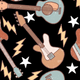Pattern of guitars and lightning bolts on a black background.