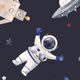 Illustration of an astronaut floating in space with a robot and UFO, surrounded by stars.