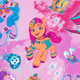 Colorful illustration of My Little Pony characters, featuring a pony with pink and orange mane and various symbols.
