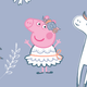 Peppa Pig in a white dress with a flower crown, smiling against a pastel background.