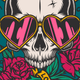 Skull wearing heart-shaped sunglasses surrounded by roses, colorful design.