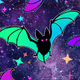 Cartoon teal-and-purple bat with spread wings and stars on a purple galaxy-style background