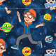 Colorful fabric pattern featuring Blippi in space with planets and stars.