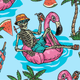 A skeleton relaxing on a pink flamingo float in a pool surrounded by palm trees and watermelons.