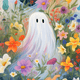 Whimsical white ghost with simple black eyes floating among colorful garden flowers and foliage