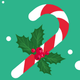 Red-and-white striped candy cane with holly leaves and red berries on green background.