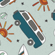 Pattern featuring a van, sun, and seashells, designed for the Long Sleeve Raglan T-Shirt.