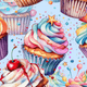 Colorful cupcakes with frosting and decorations on a blue background