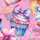 Colorful cupcakes with bows and flowers on a pink background, featuring pink and blue frosting and floral decorations