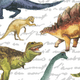 Dinosaurs including T-Rex, Stegosaurus, and Brachiosaurus on a patterned background with handwritten text.