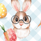 Illustration of a bunny wearing glasses with Easter eggs and a carrot