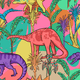 Colorful dinosaur print with tropical plants.