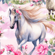 A white horse with flowing mane surrounded by pink flowers and clouds.