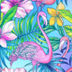 Tropical print featuring pink flamingos and colorful flowers on a blue background